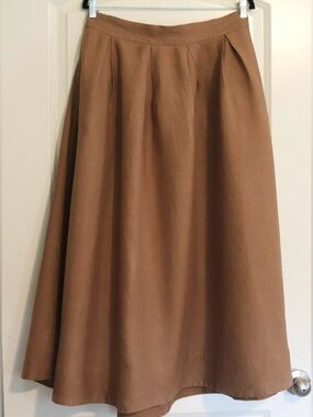 Handmade 100% Linen Camel Brown Pleated Maxi Skirt Pockets XL